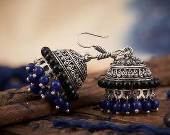 Handmade Oxidized Silver Jhumka Earrings With Blue Beads Boho Ethnic Indian Traditional Jewelry