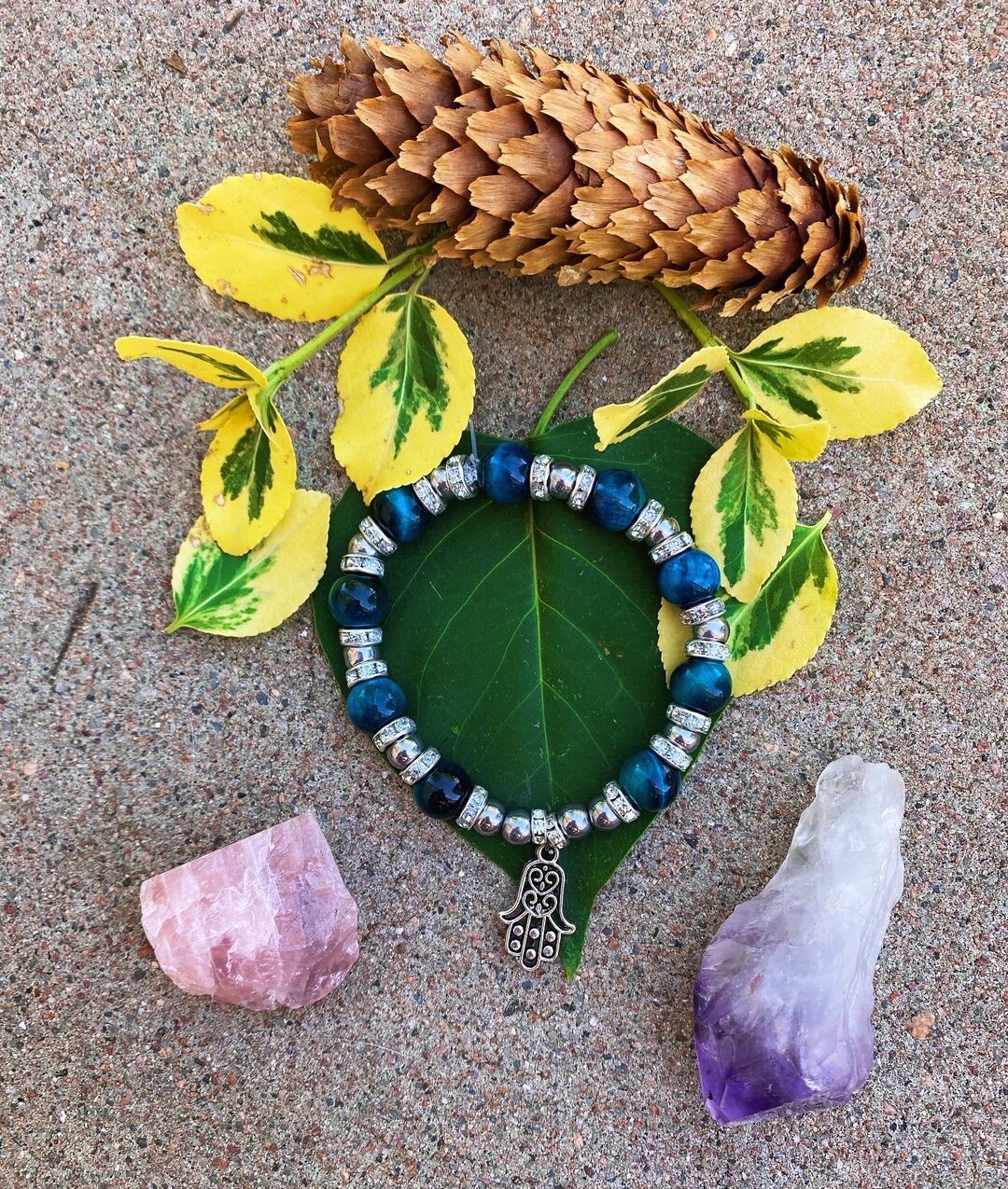 Blue Cream Tigers Eye Stretch Bracelet With Matte Gold Nugget