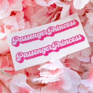 May include: Two stickers with the text "Passenger Princess" in a retro font, with a pink outline and white fill. The stickers are on a white background, surrounded by pink flowers.