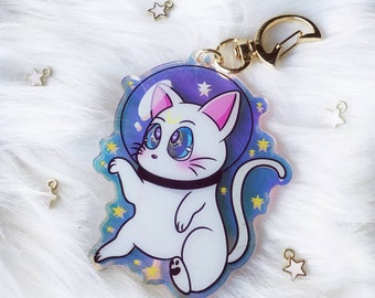 Space Traveling Kitty White /Acrylic Keychain Holographic Effect / cute / anime character / sailor cat