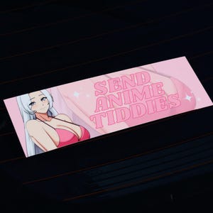 May include: Pink sticker with a white haired anime woman wearing a pink bikini and the text "SEND ANIME TIDDIES".