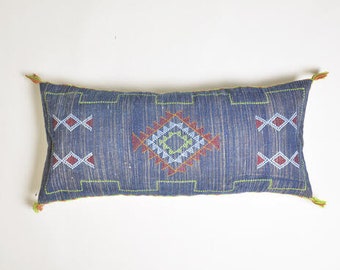 Embroidered Blue long lumbar pillow cover