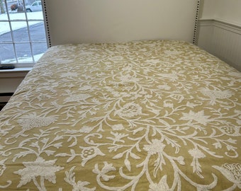 Hand embroidered champagne floral crewel bedcover 90" x 108"