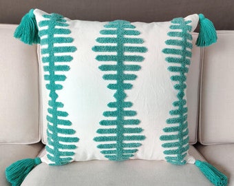 Teal geometric tufted cotton pillow cover