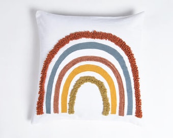 Rainbow patchwork and tufted cotton pillow cover