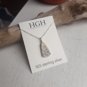 Sterling silver filled wire wrapped blue flower patterned Isles of Scilly sea pottery necklace