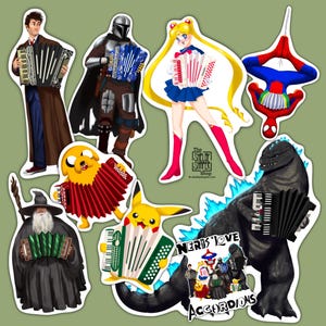 Nerds Love Akkordeons Aufkleber - Instrument - Sailor Moon Pikachu Godzilla Jake der Hund Der Doktor Spiderman Gandalf Mandolorian