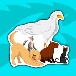 May include: A white bird with an orange beak stands on a brown capybara. A golden retriever dog, a lemur, and a black cat are also in the image.