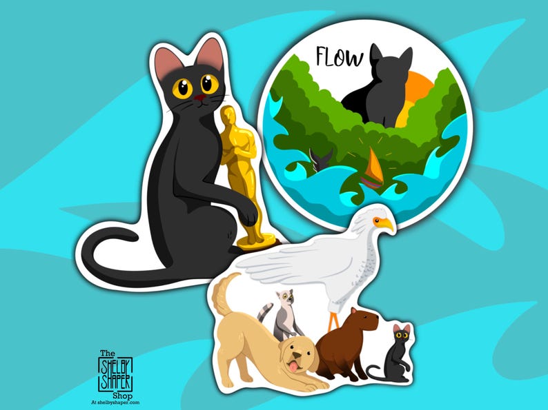 May include: A set of five stickers featuring various animals, including a black cat holding an Oscar statue, a white bird, a brown dog, a black cat, and a white cat. The stickers are on a blue background. One sticker features a black cat in a green tree with the word "FLOW" above it.