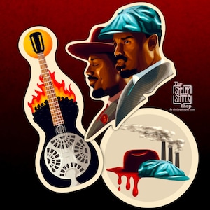 Puede incluir: Ilustración con tres diseños de pegatinas. Uno muestra una guitarra en llamas. Otro representa a dos hombres con sombreros y trajes. El tercero muestra un sombrero, una gorra y chimeneas. El logotipo de Shelby Shop es visible.