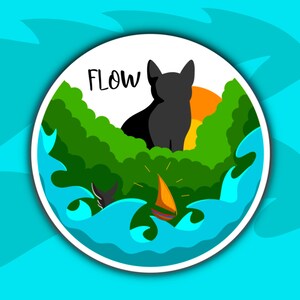 May include: A white circular sticker featuring a black cat silhouette perched on a green bush. The sticker displays the word "FLOW" in black text and depicts a blue ocean with waves and a yellow sailboat.