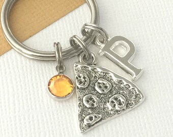 Pizza Keyring, Crystal Birthstone, Initial Letter Personalised Cheese Food Keyring, Pizza Slice Hut Birthday Present, Foodie Key Ring Gift