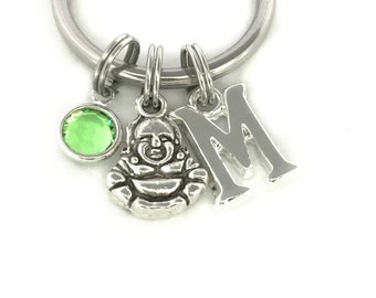 Buddha Keyring | Crystal Birthstone, Initial Letter, Personalised Spiritual Keychain Gift, Buddhism Meditation Zen Relaxation Present