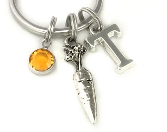 Carrot Keyring, Crystal Birthstone, Initial Letter, Personalised Birthday, Vegetable Keychain Present, Foodie Key Ring, Vegetarian Food Gift