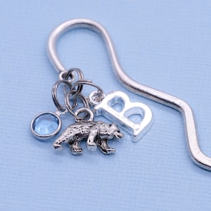 Marque-page ours | Pierre de naissance en cristal, lettre initiale, marque-page personnalisé, ours polaire, cadeau noir, marron, cadeau nature sauvage du Canada