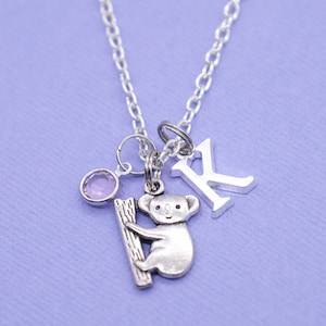 Koala Bear Necklace | Crystal Birthstone, Initial Letter, Personalised Jewellery, Australia Animal Present Oz Gift, Nature Zoo Keepers Charm
