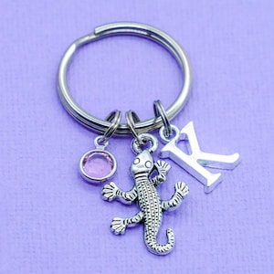 Gecko Keyring | Crystal Birthstone, Monogram Initial Letter, Personalised Keychain, Lizard, Keyring Gift, Amphibian Charm Present