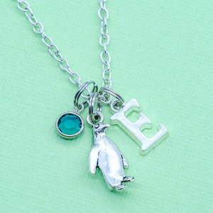 Penguin Necklace | Crystal Birthstone, Initial Letter, Personalised Jewellery, Winter Antarctica Sea Animal Gift, Ocean Lovers Present, Zoo