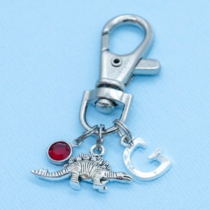 Stegosaurus Bag Charm Clip Keyring | Crystal Birthstone, Initial Letter, Personalised, Jurassic Dinosaur Keycharm Gift, Raptor Lover Present