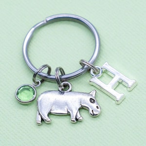 Hippo Keyring, Initial Letter, Personalised Keychain, Crystal Birthstone, Hippopotamus, Safari Zoo Animal Present, Safari Wild Life Gift
