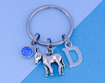 Donkey Keyring, Crystal Birthstone, Monogram Initial Letter Charm, Personalised Keychain, Mule Gift, Ass Present, Animal Farm Sanctuary