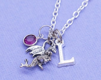 Dragon Necklace | Crystal Birthstone, Initial Letter, Personalised Mystical Gothic Jewellery Gift, Welsh Symbol of Wales Present