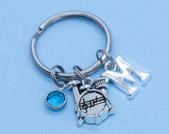 Drum Kit Keyring | Crystal Birthstone, Initial Letter, Personalised Keychain, Music Band Drums Gift, Drummer Musician Present