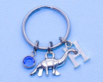 Diplodocus Dinosaur Keyring | Crystal Birthstone Initial Letter, Personalised Jurassic Brontosaurus Raptor Present, Long Neck Key Chain Gift
