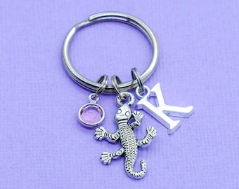Gecko Keyring | Crystal Birthstone, Monogram Initial Letter, Personalised Keychain, Lizard, Keyring Gift, Amphibian Charm Present