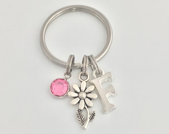 Flower Keyring, Crystal Birthstone, Monogram Initial Letter Charm, Personalised Keychain, Flower, Key Chain, Daisy, Key Ring, Garden Gift,