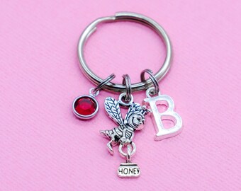 Honey Bee & Honey Pot Keyring | Crystal Birthstone, Personalised Initial Letter, Wildlife Bumblebee Gardening Insect, Keeping Keeper Gift