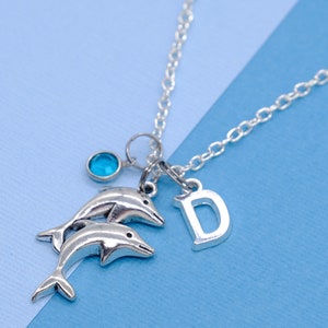 Dolphin Necklace | Crystal Birthstone, Initial Letter, Personalised Ocean Animal Jewellery Gift, Wild Marine Sea Life Present