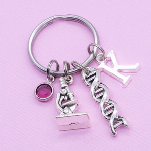 Scientist Keyring | Crystal Birthstone, Letter Charm, Keychain Personalised Key Chain, Science Microscope DNA Helix Laboratory Research Gift