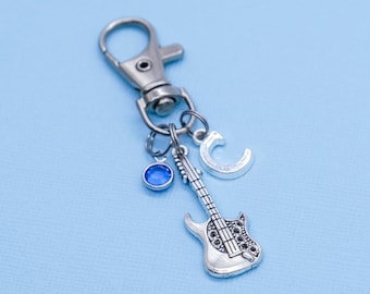 Electric Guitar Bag Charm Clip Keyring | Crystal Birthstone, Initial Letter Charm Personalised Keychain, Heavy Metal Rocker Music Group Gift