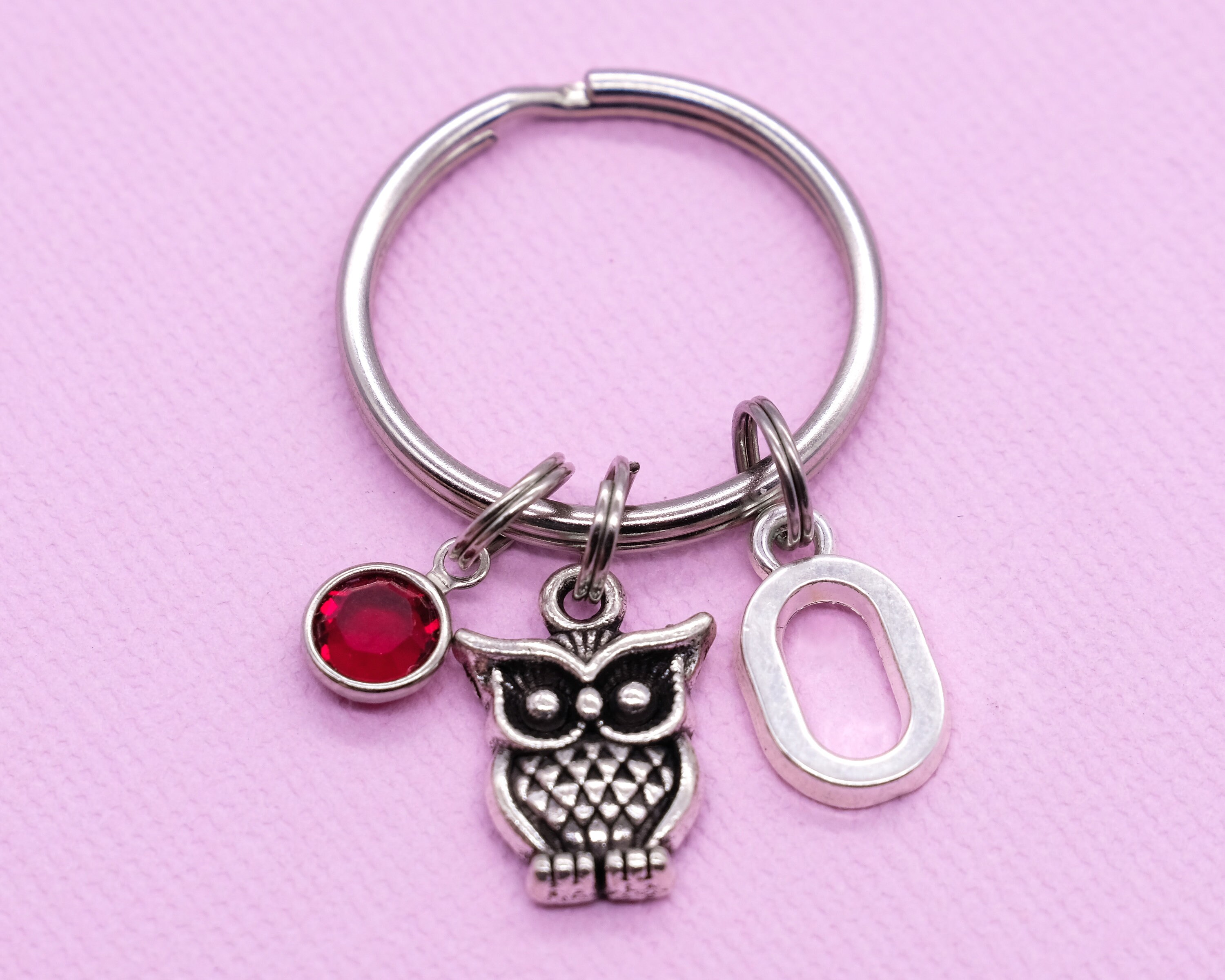 Owl Keyring, Crystal Birthstone, Initial Letter Personalised Jewellery, Nocturnal Forest Animal Key 