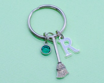 Brush Keyring | Crystal Birthstone, Initial Letter, Personalised Keychain, Sweeping Broom Housework Home Cleaner Present, Wizard Sweep Gift