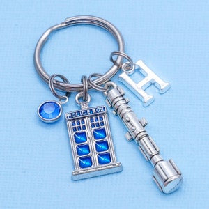 Police Box & Screwdriver Keyring | Crystal Birthstone, Birthday Personalised Letter Keychain, Whovian Fan Gift