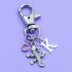 Gecko Bag Charm Clip Keyring | Crystal Birthstone Initial Letter, Personalised Pet Keychain, Lizard Keyring Gift, Nature Reptile Zoo Present