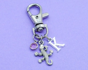 Gecko Bag Charm Clip Keyring | Crystal Birthstone Initial Letter, Personalised Pet Keychain, Lizard Keyring Gift, Nature Reptile Zoo Present