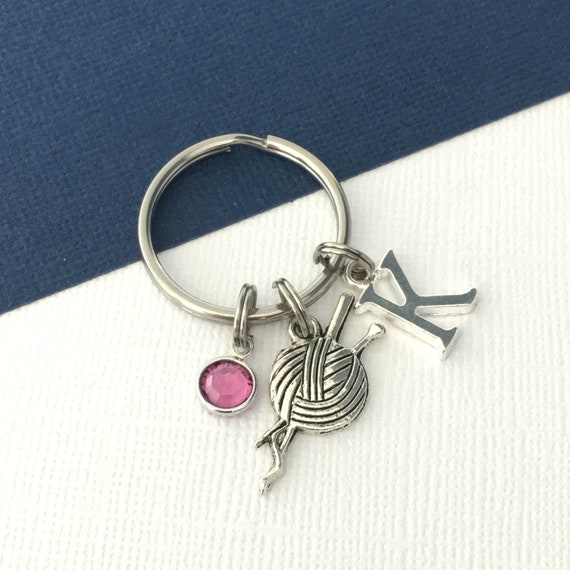 Keychain Personalised Initial and Birthstone I love knitting Keyring