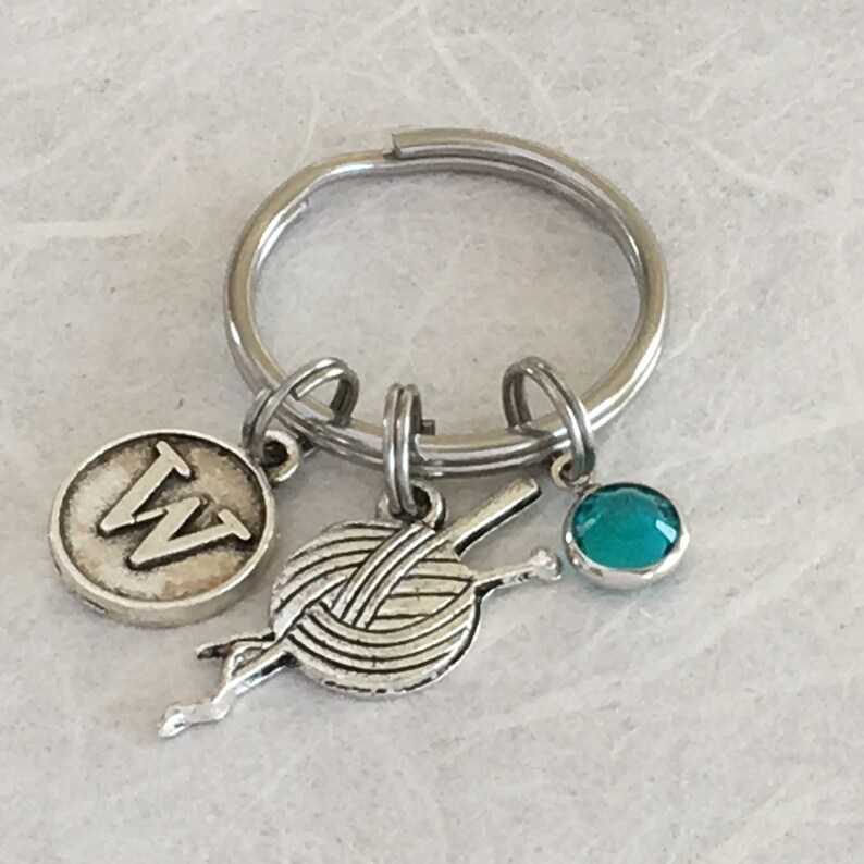 Keychain Personalised Initial and Birthstone I love knitting Keyring