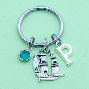 Pirate Ship Keyring | Alphabet Initial Letter, Personalised Keychain, Crystal Birthstone, Pirates Ship Boat Present, Sailing Ocean Sail Gift