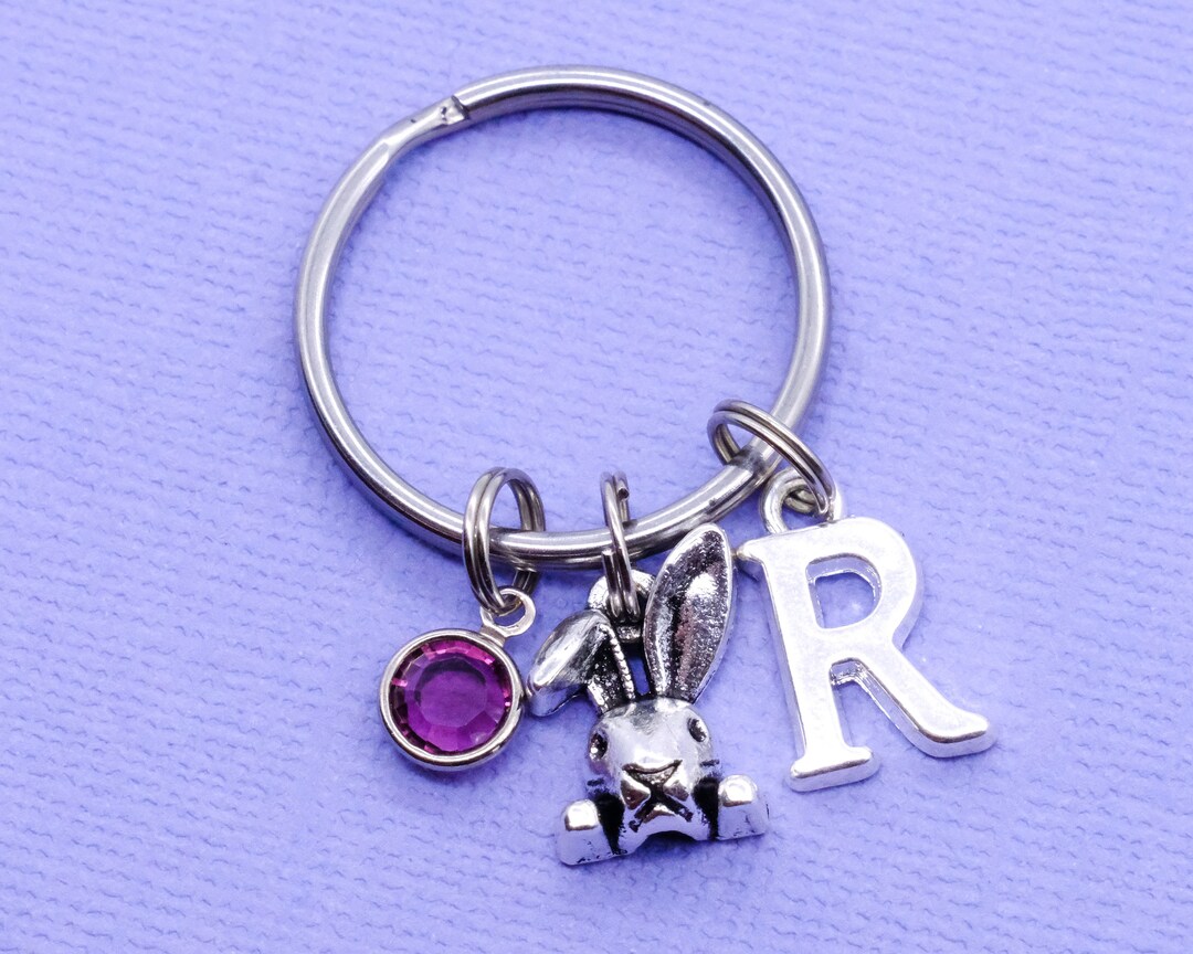 Rabbit Head Keyring | Crystal Birthstone, Initial Letter, Personalised ...