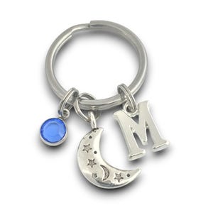 Moon Keyring, Crystal Birthstone, Initial Letter, Personalised Keychain, Celestial Star Gift, Lunar Key Ring Birthday, Pagan Keychain Gift