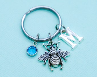 Bumblebee Keyring | Crystal Birthstone, Personalised Initial Letter, Small Bumble Bee Keychain, Queen Honey Bee Gardening Nature Insect Gift