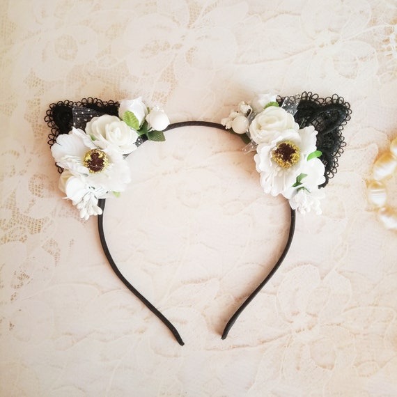 Black Cat Ears Lace With White Flowers Cat Ears Headband Etsy