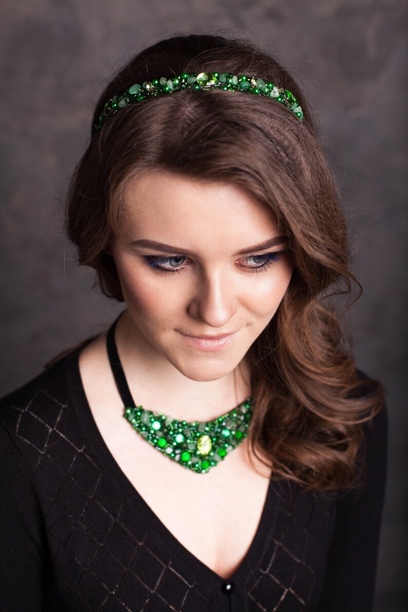 Green Tiara embroidered with natural stone nephritis Headband Etsy