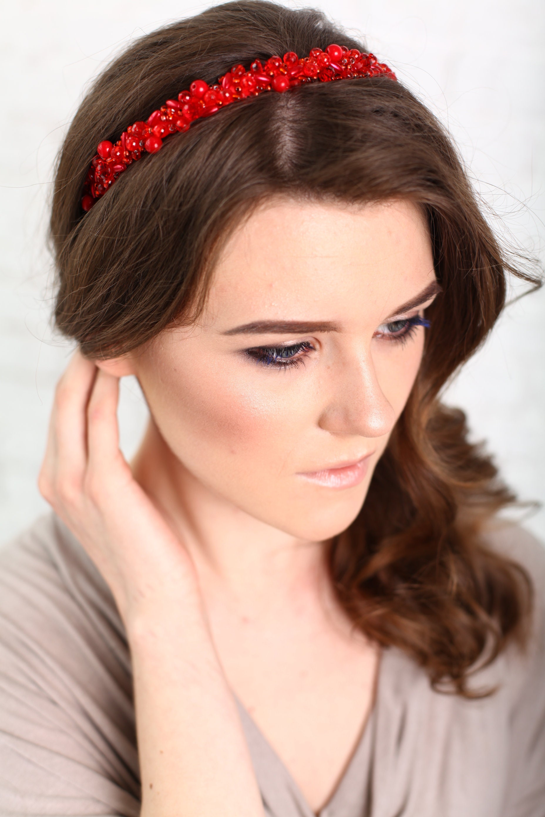 Red tiara with crystal and acril beads Beaded red headpiece Etsy