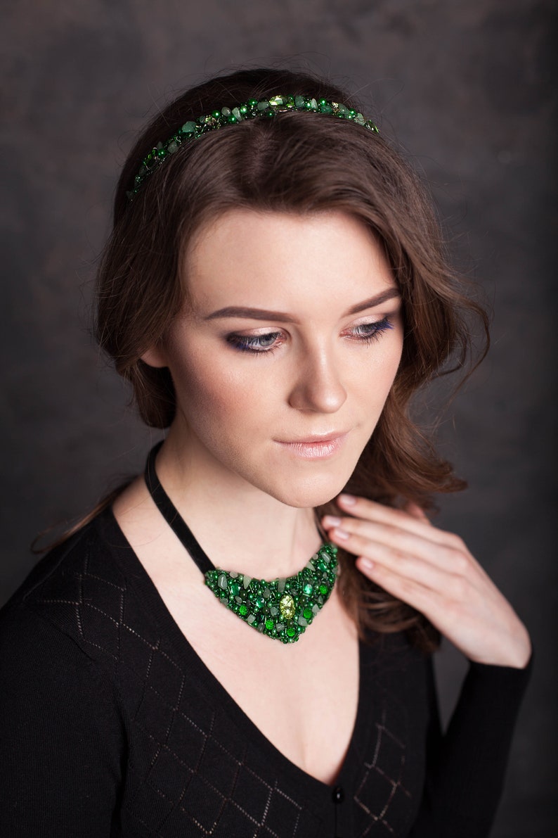 Green Tiara embroidered with natural stone nephritis Headband Etsy