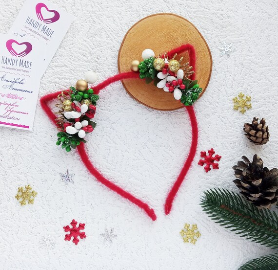 Christmas Cat Ears Headband. White Cat Ears With Red Berries. Etsy